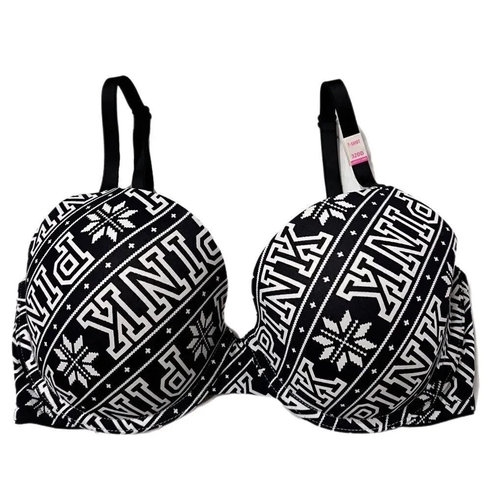 Victoria’s Secret Pink Wear Everywhere T-shirt Lightly Lined Logo Bra black 32DD